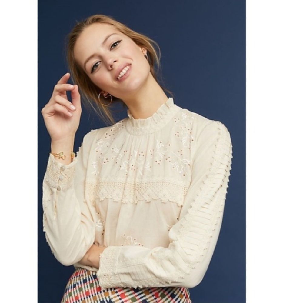 Anthropologie Ranna Gill Jaden Embroidered Top boho ruffles eyelet mock neck M
